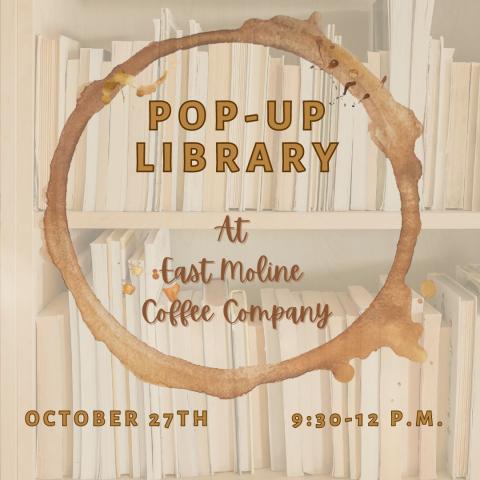 coffee stain ring around event info. background of books on a shelf 