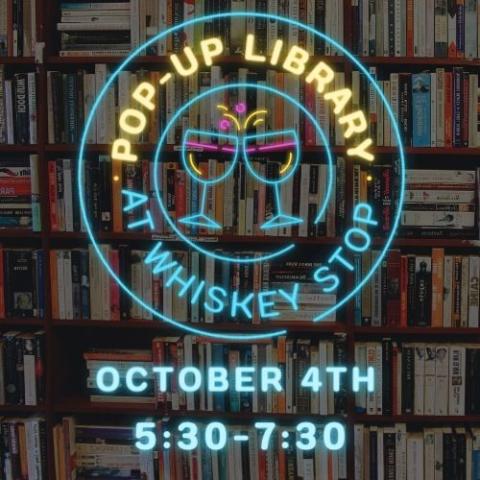 Neon sign with wine glasses & text about the event. Background is book shelves