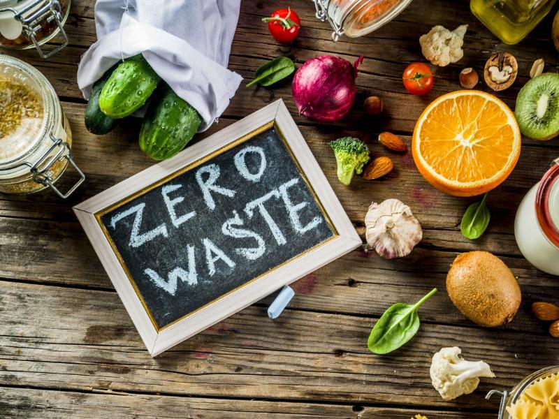 zero waste sign surrounded by food 